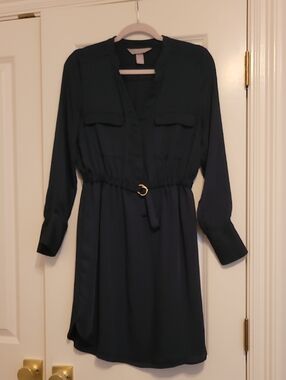H&M Navy Long-Sleeve Belted Shirt Dress with Gold Buckle 6